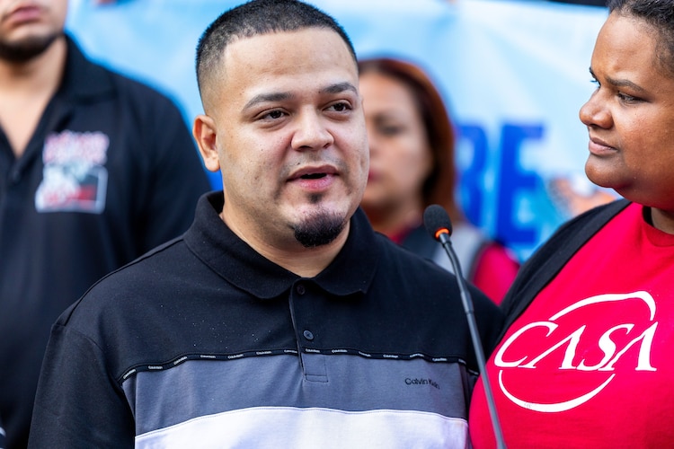 Kilmar Abrego Garcia speaks at a rally before checking in at the ICE Baltimore Field Office, August 25, 2025